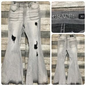 Grace In La Bell Bottom Jeans Women’s 30 Gray Distressed Stretch (Inseam 30)